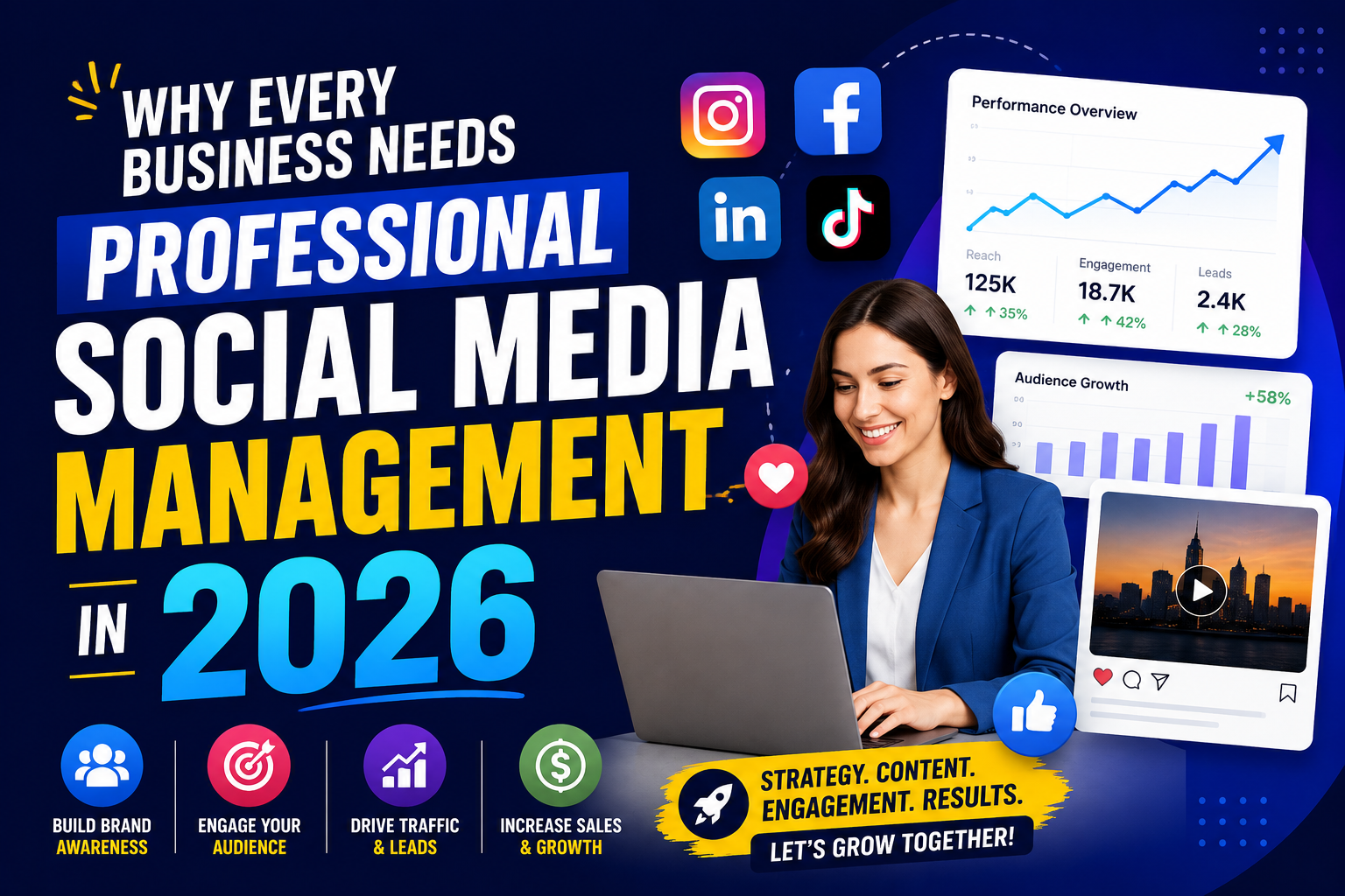 Professional social media management in 2026 for business growth with Facebook, Instagram, LinkedIn, and TikTok marketing